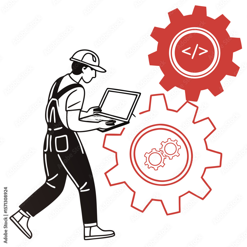 Poster technician working on laptop with gears and coding symbol