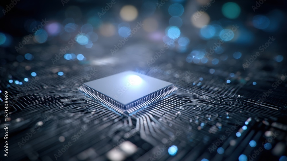 Aufkleber Close-up of a computer microchip with glowing blue lights on a dark circuit board background with bokeh effect for technology and innovation concept