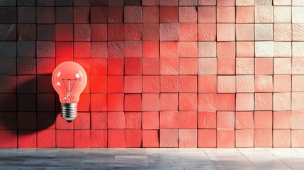 A red light bulb hanging from a red cube wall with a shadow on the ground.