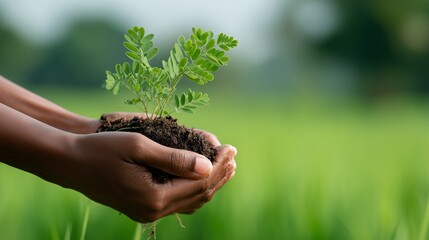 Hands holding a young plant symbolizing growth and sustainability in an agricultural field during daylight