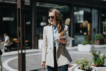 A confident businesswoman walks outdoors in a stylish outfit, carrying a tablet.