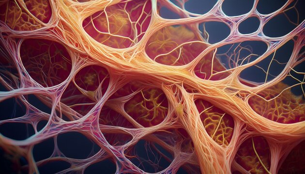 collagen matrix intricate fibrous structure tightly woven fibers detailed anatomical view elastic properties essential for tissue strength
