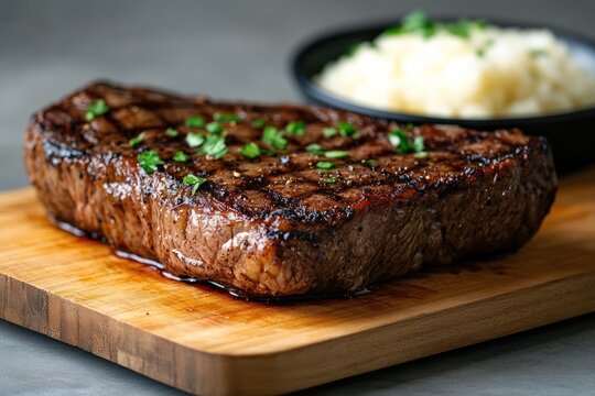 Juicy beef steak resting on rustic wooden board