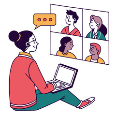 Fototapeta premium Woman in Red Jacket Participating in a Virtual Meeting on Laptop