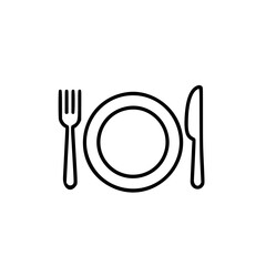 Fork and knife with plate in simple linear vector icon style  
