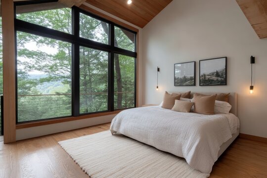 Fototapeta Spacious bedroom with large glass window and forest view
