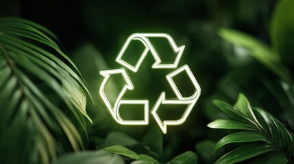 A glowing recycling symbol surrounded by vibrant green leaves, promoting sustainability.
