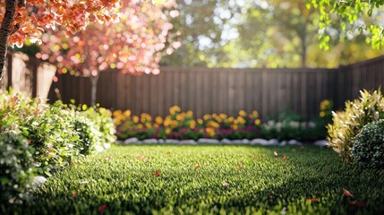 A serene backyard with a wooden fence, lush green grass, and colorful flowers, with a tree in the background and a person walking in the distance.