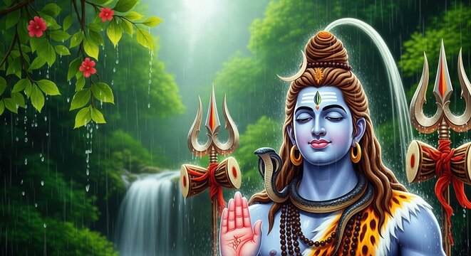 Mahadev Shivratri Sawan Special 4K Wallpaper &ndash; Lord Shiva with Greenery and Rain Scene for Desktop Background