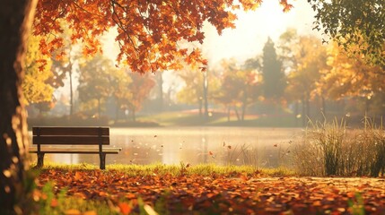 Autumn leaves falling from a tree onto a wooden bench in a park.
