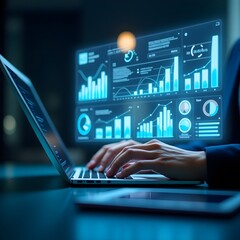 Obraz premium Professional Working on Laptop with Holographic Data Interface