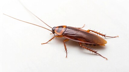 Close-up side view of a common cockroach, clearly showcasing its elongated body, detailed legs, and long antennae on a clean, light-colored background with a subtle reflection
