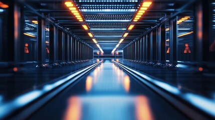 A sleek, modern, futuristic tunnel with reflective surfaces and bright, neon lights.