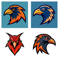 Obraz premium Four stylized bird head logos in orange, blue, and red colors with sharp features and intense expressions
