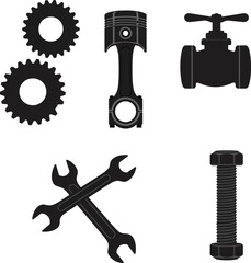 Industrial Mechanical and Fastener Parts Vector Collection: Gears, Piston, Valve, Wrenches, and Bolt Silhouettes for Engineering and Repair Concepts.