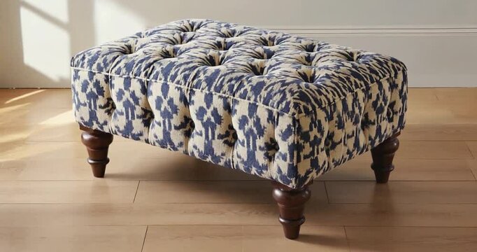 A  rectangular upholstered ottoman with dark blue and beige Ikat-style fabric, and dark wooden legs