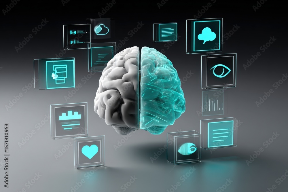 Aufkleber Futuristic Brain with Digital Cloud Data Icons and Technology Interface Elements in a Modern Sci-Fi Style