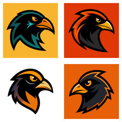 Fototapeta premium Four graphic depictions of a stylized black bird head with different color palettes on square backgrounds