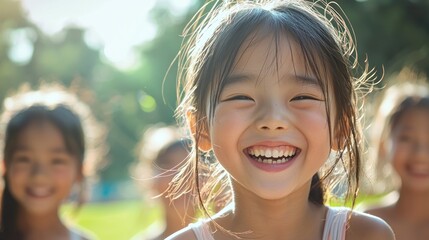 A young girl with long hair smiling in a park with other children.
