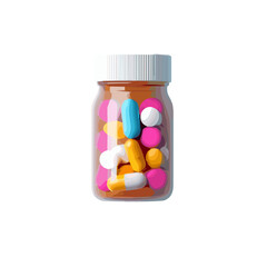 Colorful prescription pill bottle with assorted capsules on a white background and copy space