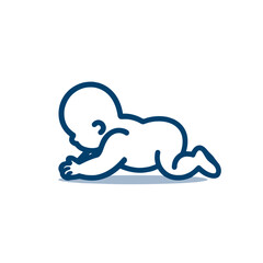 Simple line art illustration of a crawling baby in blue on a white background with copy space
