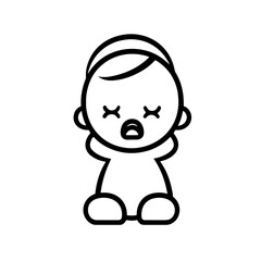 Simple line art illustration of a crying baby with closed eyes on a white background with copy space