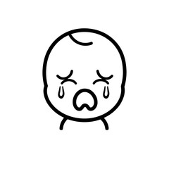 Simple line art illustration of a crying baby on a white background with copy space