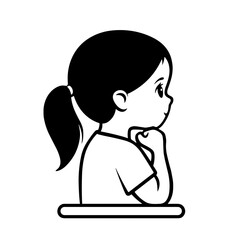 Line art illustration of a thoughtful girl resting her chin on her hand on a white background with copy space