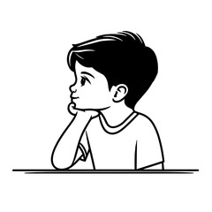 Line art illustration of a thoughtful boy resting his chin on his hand on a white background with copy space
