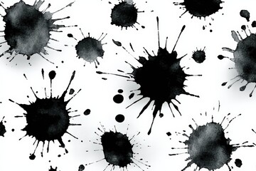 Abstract black ink splatters and paint blobs on white background creating a dynamic artistic pattern full of random shapes and organic forms