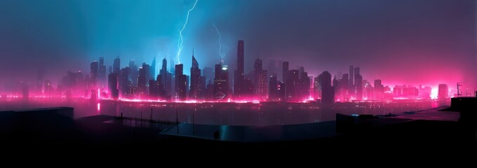 Stunning panoramic view of a futuristic city skyline du a thunderstorm with lightning and vibrant neon pink and blue lights illuminating the clouds and buildings