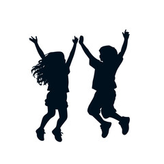Silhouette illustration of a girl and a boy jumping together on a white background with copy space