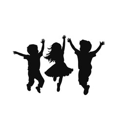 Silhouette illustration of three children jumping joyfully on a white background with copy space