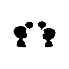 Silhouette illustration of two boys talking with speech bubbles on a white background and copy space