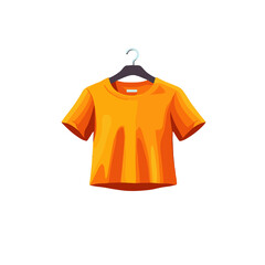 Bright orange t-shirt hanging on a hanger against a white background with copy space