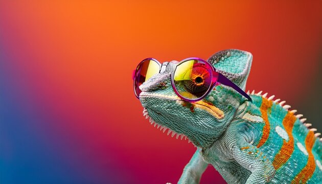 chameleon wears mirrored glasses posing against colorful background vibrant reptile playful fashion with stylish eyewear bright palette eye catching photo captures unique style