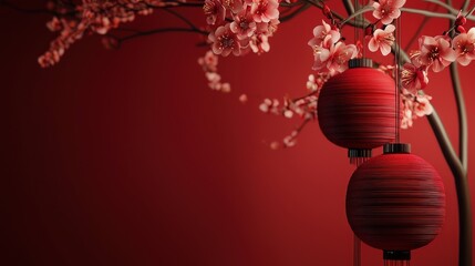 Two red lanterns hanging from a tree branch with pink blossoms against a red background.