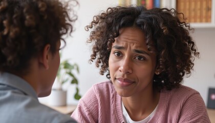 Effective psychotherapy. A woman listens intently while talking to another person in a cozy environment.