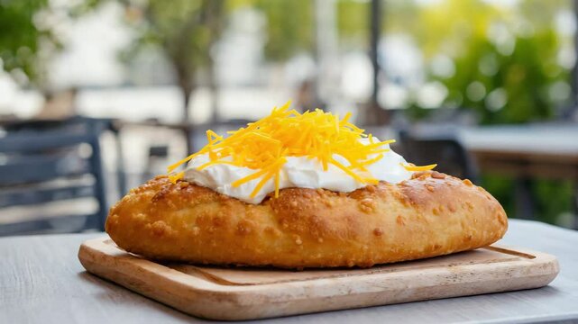L&aacute;ngos, Hungarian fried bread, Served with sour cream and grated cheese, Rich golden tones with crispy edges, Bright outdoor light, Crispy and indulgent

