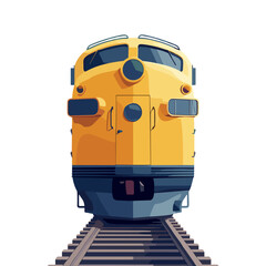 Front view of a bright yellow train on railway tracks with a minimalistic background