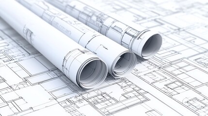 Three architectural blueprints on a construction site floor plan.