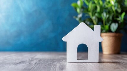 A white wooden house model with a green plant in the background.