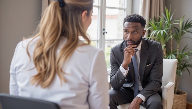 Effective psychotherapy. Professional conversation between a man and a woman in a modern office setting.