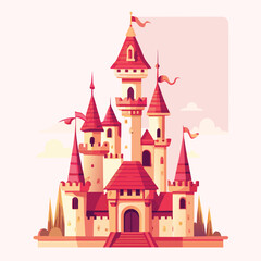 Obraz premium Majestic castle with red turrets and flags fairytale fantasy