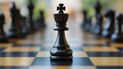 A chess board with a black king piece on the board.