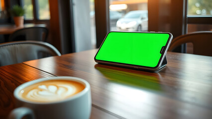 Modern tablet with a customizable green screen on a wooden cafe table alongside a coffee latte.