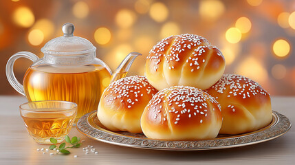 Cozy tea time scene with homemade sesame seed dinner rolls dusted with sugar, on vintage ornate metal serving tray, teapot glass of golden tea, food and drink, rustic elegance.