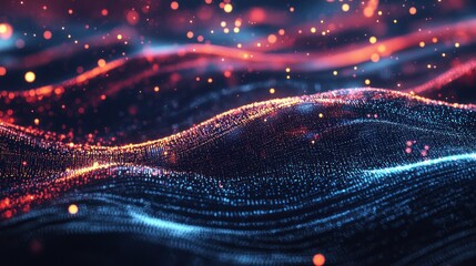 A vibrant, abstract digital wave with a gradient of red and blue, featuring glowing particles and a dynamic, fluid texture.