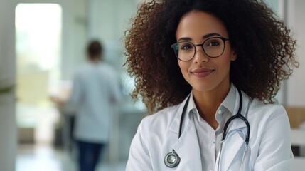 A young, female doctor with curly hair and glasses stands in a hospital corridor, smiling warmly.