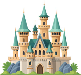 Fototapeta premium Ornate fairytale castle with teal spires and stone base fantasy architecture